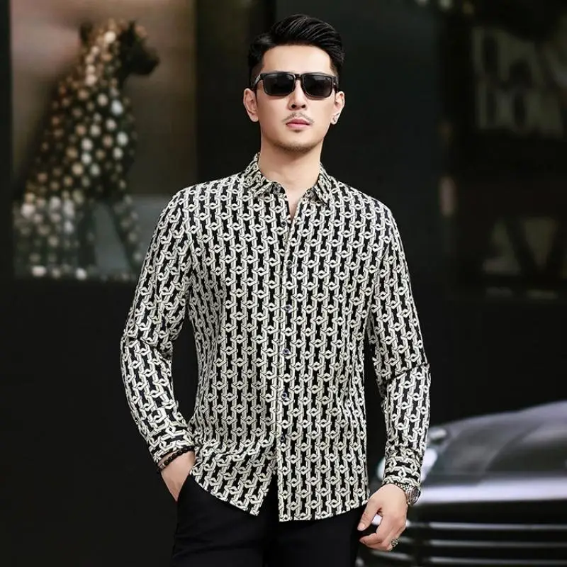Mulberry Silk 92.5% Print Shirts For Men Long Sleeve Lightweight Summer High-Quality Smooth Comfortable Luxury Camisas De Hombre