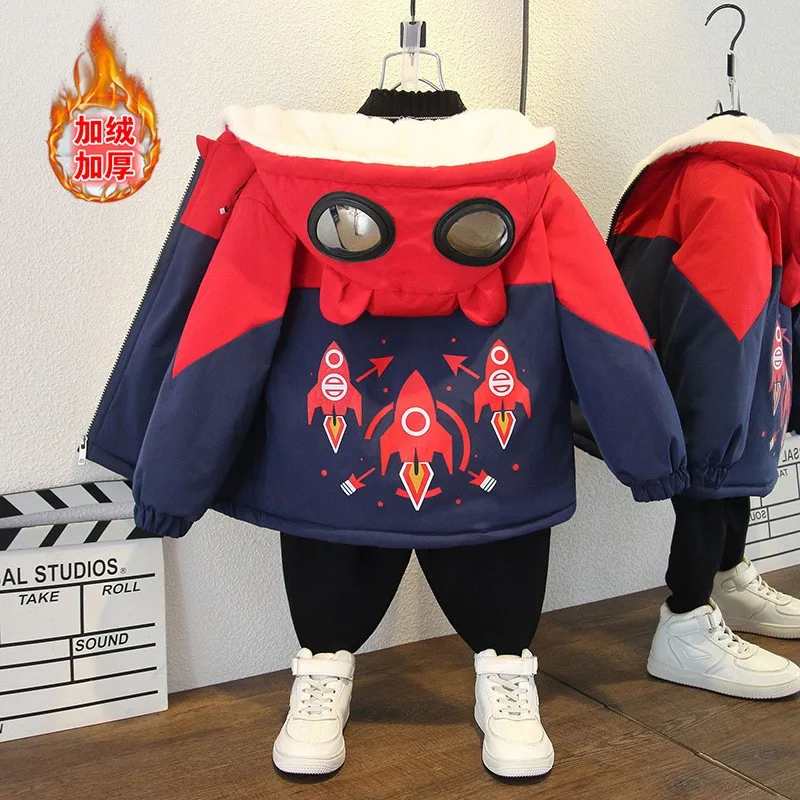 Winter Add Velvet Thick Warm Jackets Boys Cartoon Rocket Coat Girls Sports Casual Windbreaker Outerwear Kids Christmas Clothes