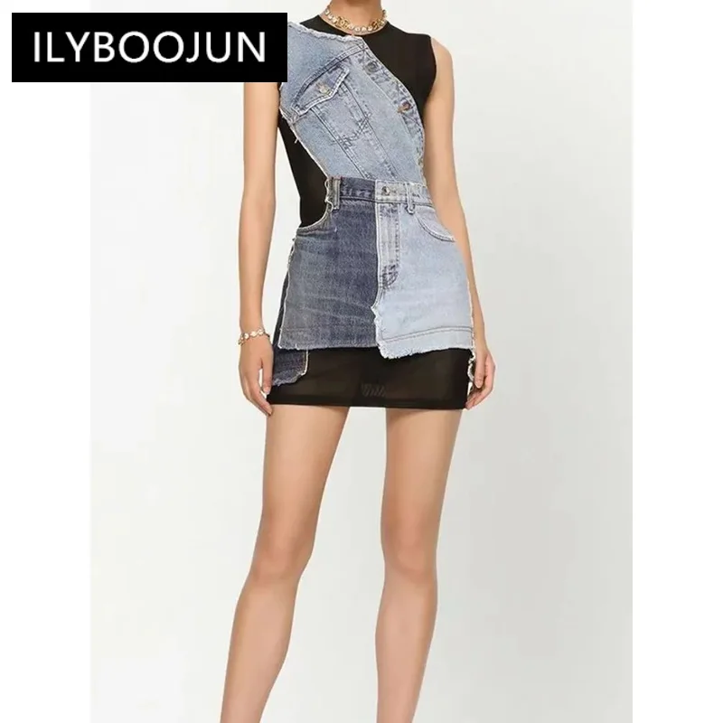 

Spliced Denim Casual Dresses For Women Round Neck Sleeveless High Waist Patchwork Mesh Sheer Mini A Line Dress Female Style