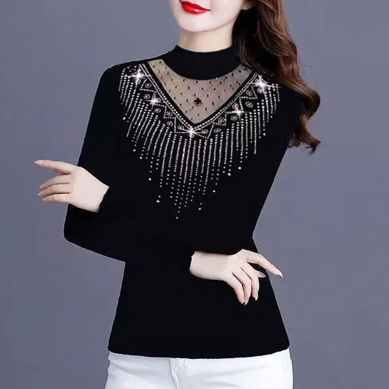 2023 NEW Spring AND Autumn Mesh Hot Diamond Half High Neck Fashion Slightly Transparent Trend Versatile Long Sleeve Women\'s Top