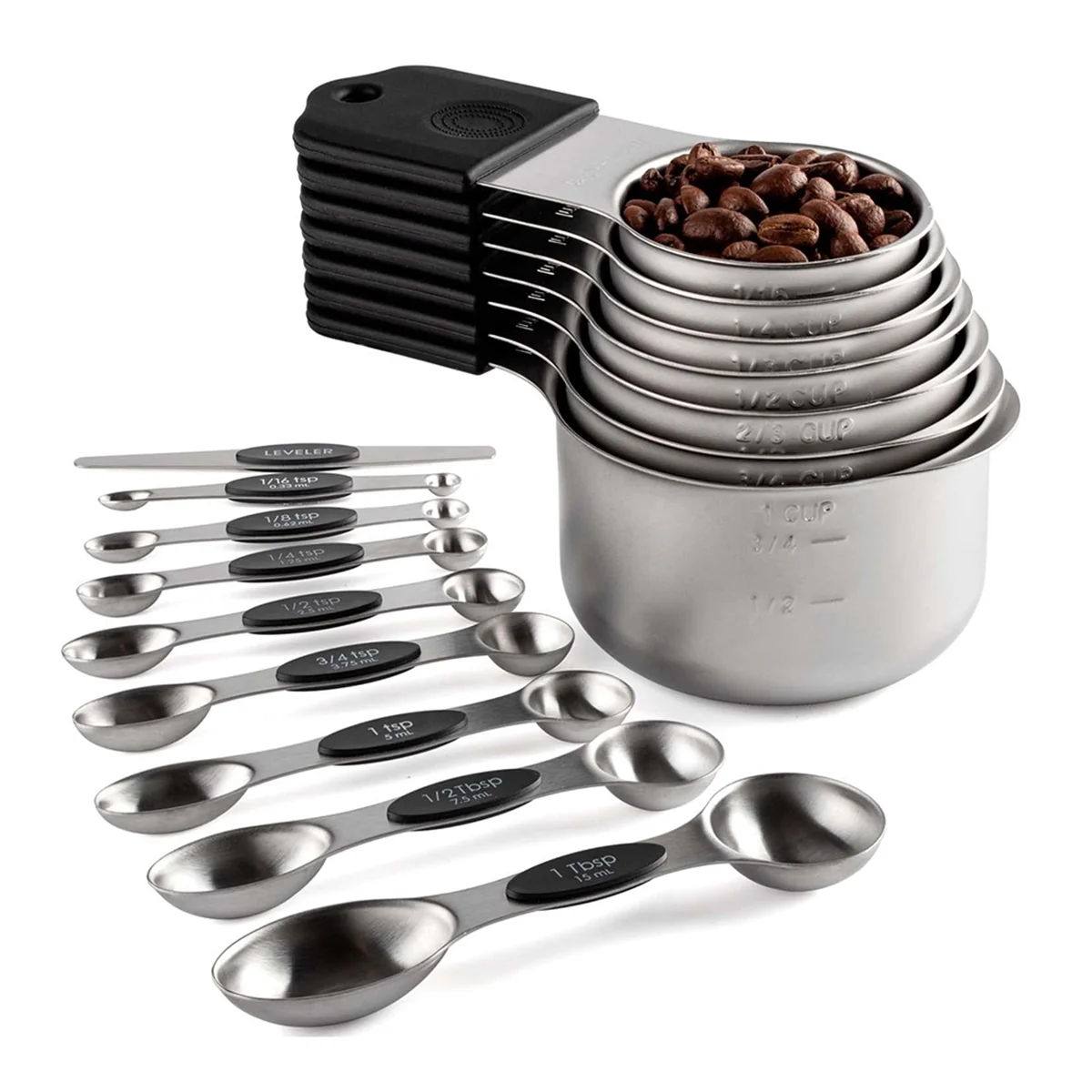 16Pc Magnetic Stainless Steel Measuring Cups & Spoons Set, 7 Heavy Duty Cups,8 Double Sided Spoons with Leveler Black