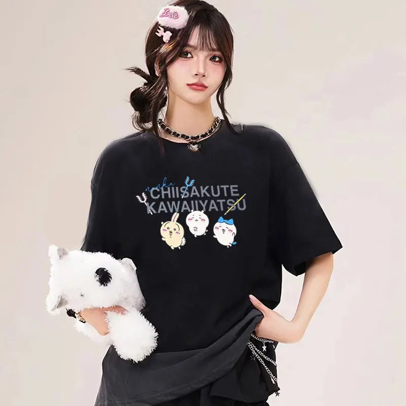Chiikawa Kawaii Japanese Text T-Shirt Cute 3-Character Graphic Unisex Oversize Loose Casual Short Sleeve Cotton Top For