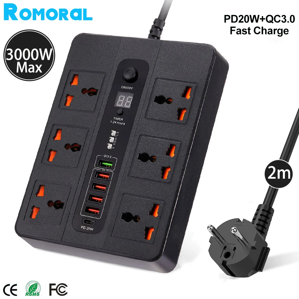 

3000W New 6 AC Universal Outlets Power Strip PD20W QC3.0 Fast Charge Socket Extension Cable USB Charger EU Plug Surge Protector