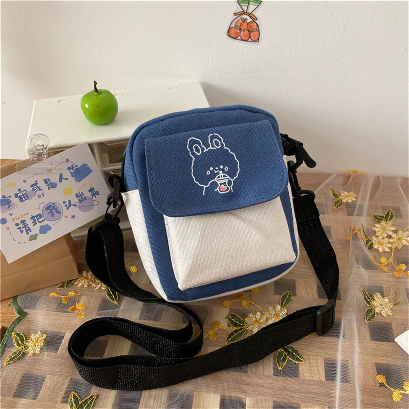Canvas Women\'s Crossbody Bags Small Cartoon Rabbit Printed Messenger Bag Fashion Casual Handbag for Girl Students Zipper Purse
