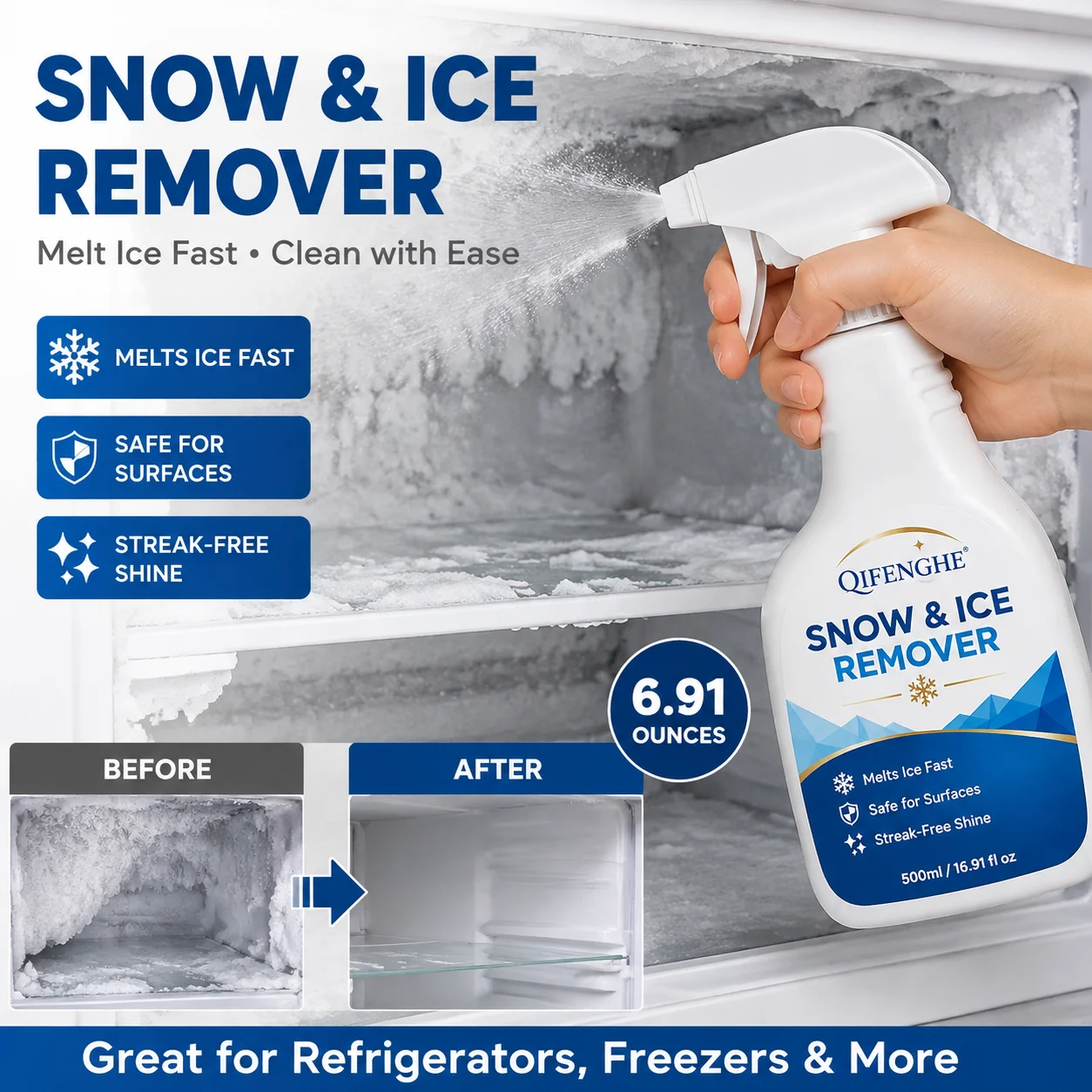 Fast Acting Snow Ice Remover Spray Quickly Melt Frost Ice for Car Windshield Safe for Automotive Surface Defrost Agent