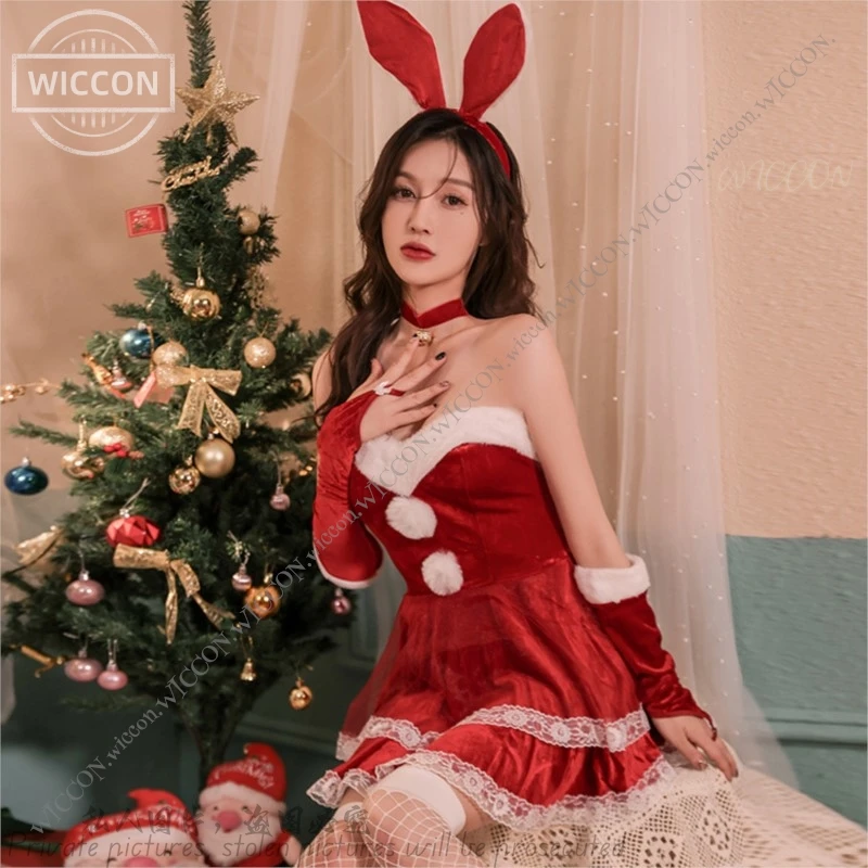 Sexy Christmas Dress Bunny Christmas Costume Red Christmas Themed Suit Dress Headband Gloves Collar Invisible Straps Pants Socks