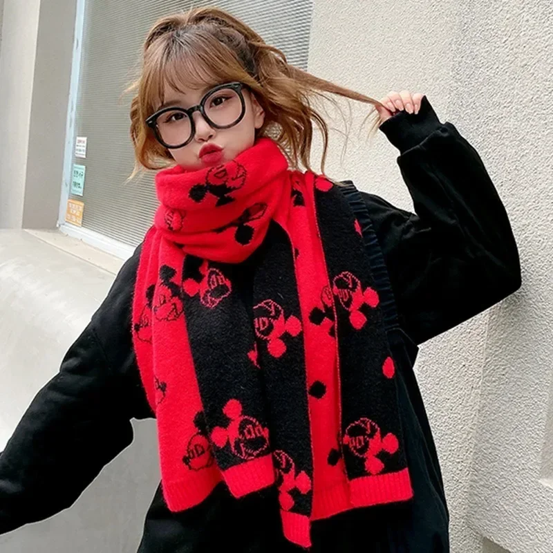 Disney Mickey Mouse Scarf Knitted Cashmere Winter Thicken Warm Women Girls Cute Anime Shawl Wrap Bandana Kids Cartoon Scarves