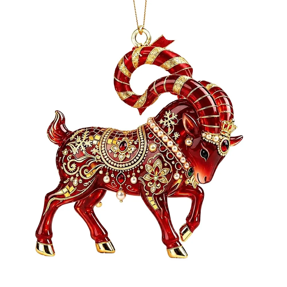 2D Flat Goat Hanging Ornament Acrylic Shining Animal Hanging Decoration Simulation Artificial Rhinestone Christmas Tree Ornament