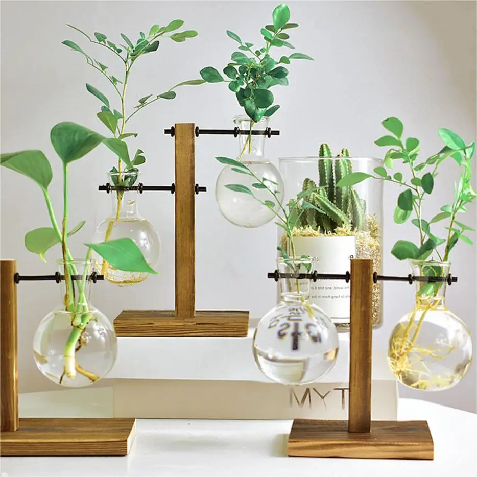 Creative Glass Desktop Planter Bulb Vase Wooden Stand Hydroponic Plant Container Decor Home Tabletop Decor Vases