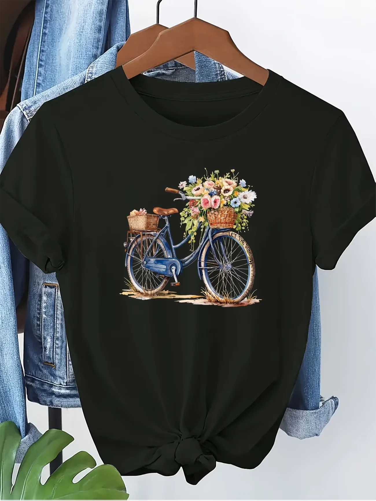 Vintage Bicycle with Flower 100% Cotton Women's Retro Harajuku Print T-Shirt Soft Crew Neck Short Sleeve Top Vintage Shirt
