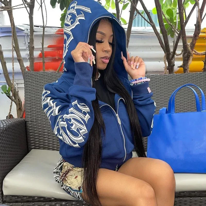 Women Crop Zip Hoodie Y2K Gothic Letter Big Hood Slim Sweatshirt Long Sleeve Cropped Jacket Street Club Daily Casual Outfit