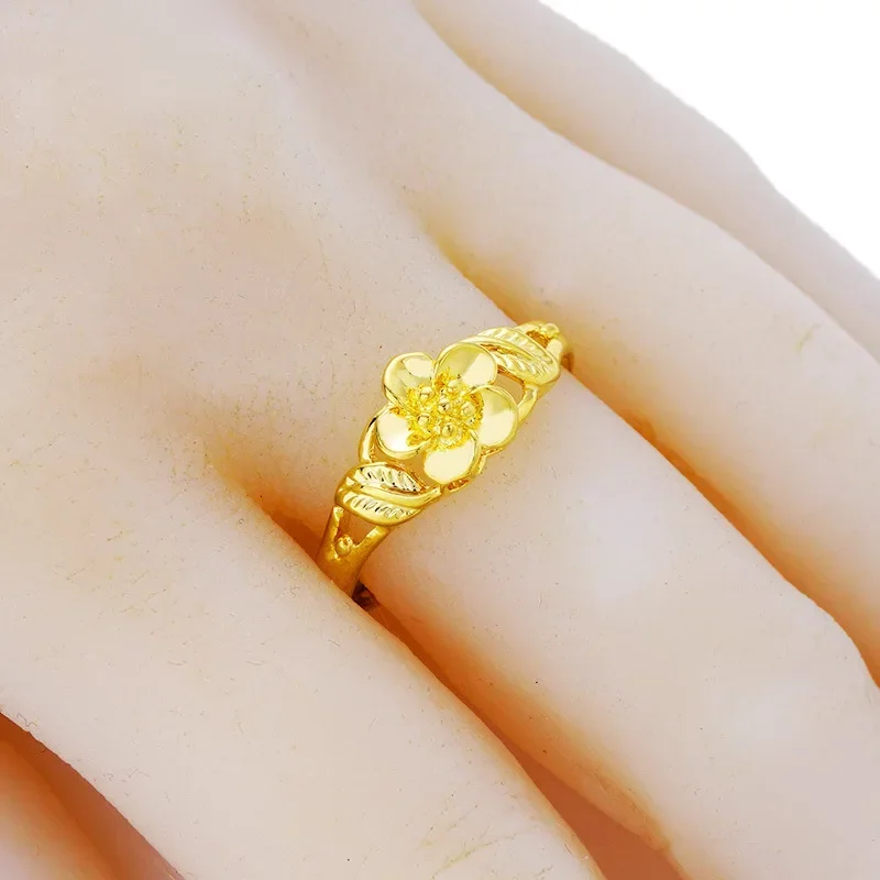 Real 18K Gold Color Ring for Women\'s Vintage Glossy Flowers Ring for Girlfriend Fashion Birthday Wedding Engagement Gifts