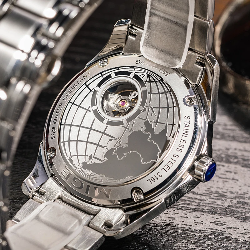 MIGE Original Miyota Couple Watches Skeleton Waterproof Luminous Stainless Steel Mechanical Wrist Watch for Men and Women