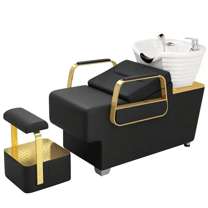 Modern Black Gold Barbershop Furniture Set Stylist Chair with LED Mirror Station Reception Table Cash Counter for Men's Salon