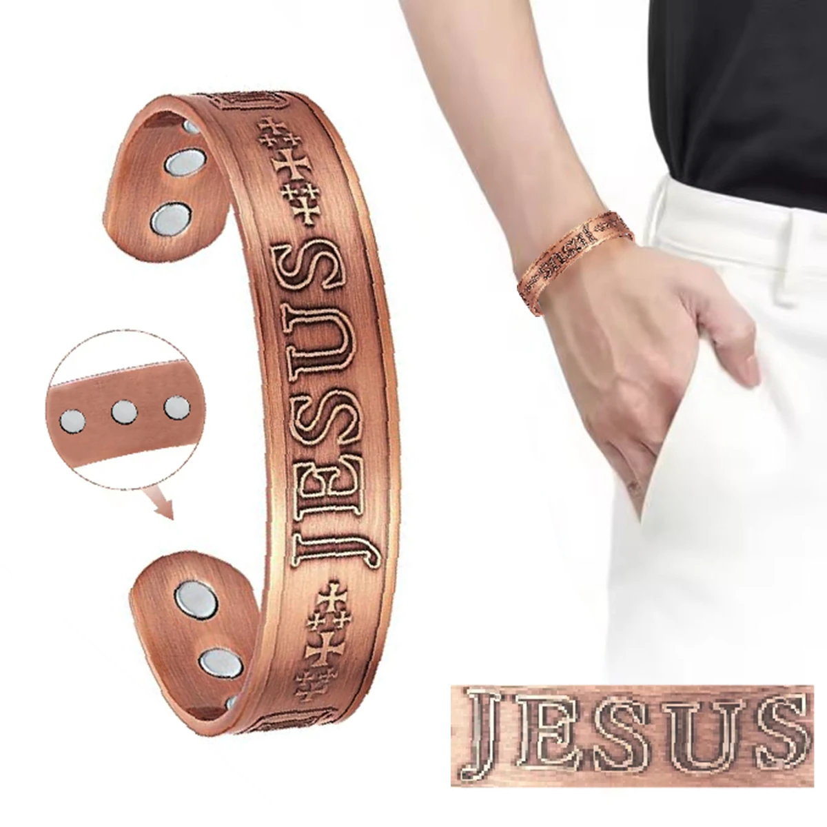 15mm Adjustable High Magnetic Force Bracelet; Pure Copper Bracelet; Magnetic Jesus; Vintage Health Energy Jewelry; Adjustable