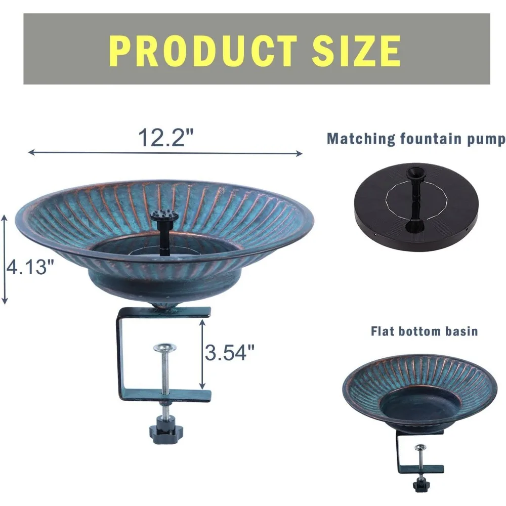 Bagno per uccelli in metallo ad energia solare con fontana, supporto da ponte regolabile per l'arredamento del patio del giardino