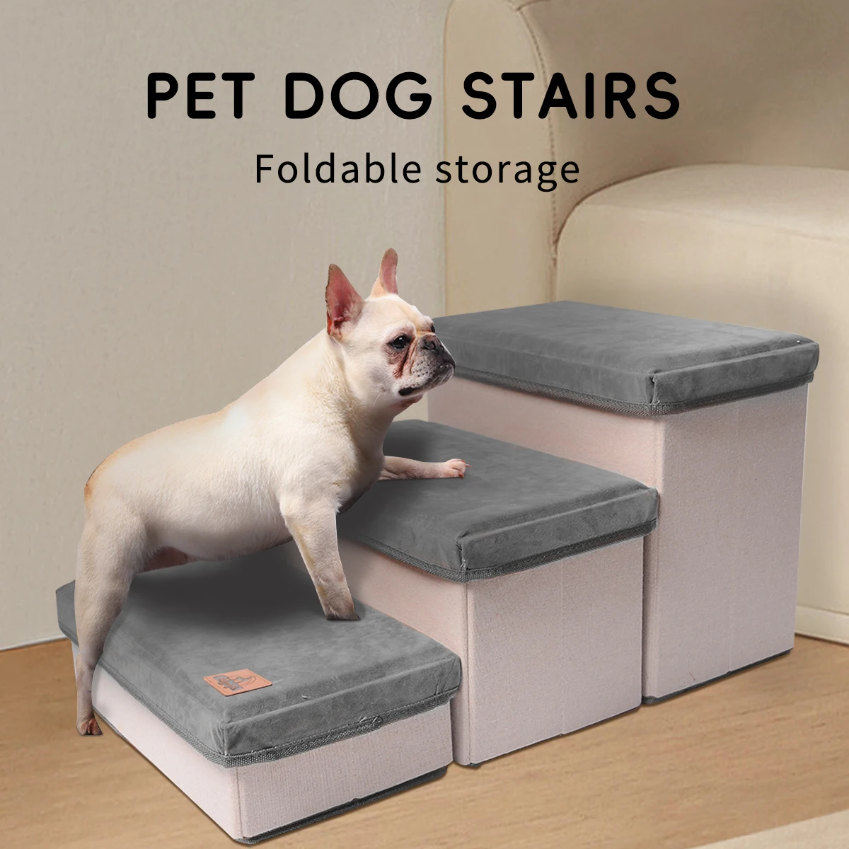 

3 Steps Foldable Pet Stairs with Storage Box, Non-Slip Dog Cat Ramp Ladder for Sofa Bed, Washable Cover, Multi-Functional Pet St