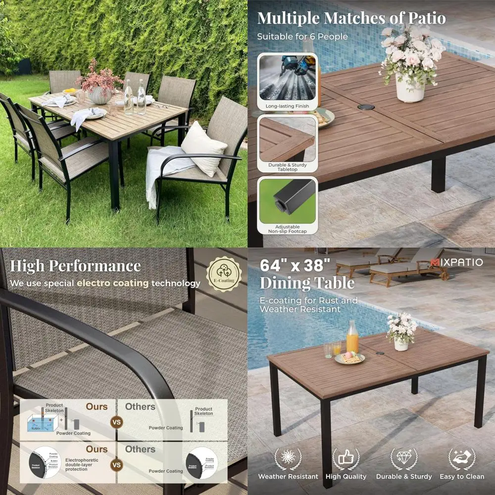 Juego de comedor para patio al aire libre para 6 personas con mesa y sillas rectangulares de acero estilo madera para uso en terraza, patio trasero y piscina