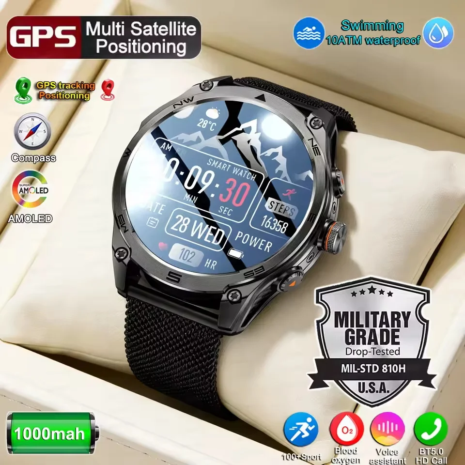 T-Rex4 Military 1000mAh Battery Smart Watch 1.75” Screen Tactical GPS 10ATM Waterproof Compass Altimeter Flashlight Sports Watch