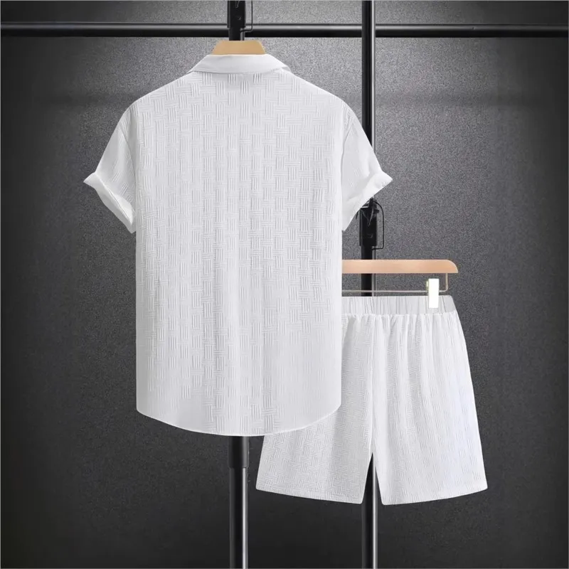 Summer Solid color Cotton linen Men's Shirt Set Fashion lapel Jacquard Short-sleeved Shirt Shorts 2 Piece Set Men's Shorts Suit