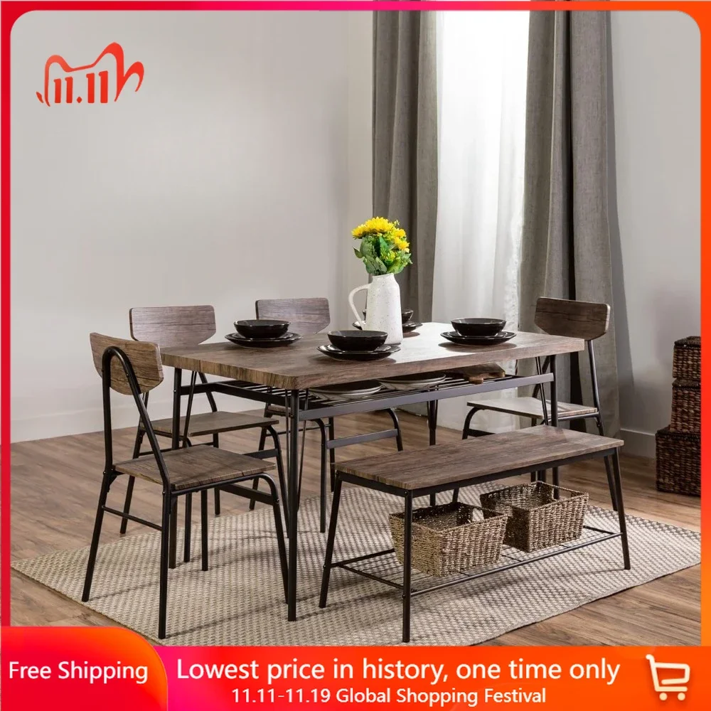 

6-Piece 55in Modern Dining Set for Home, Kitchen, Dining Room W/Storage Racks, Rectangular Table, Bench, 4 Chairs