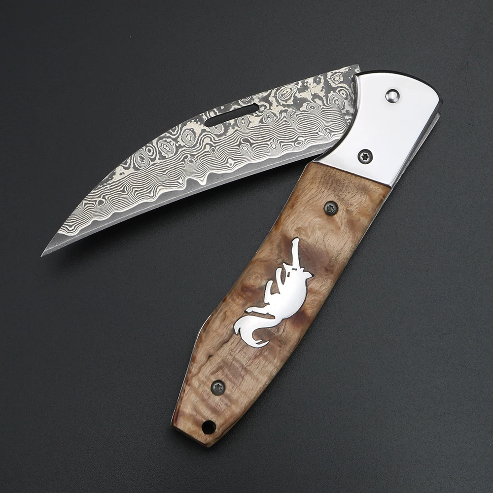 XUANFENG Damascus Steel Outdoor Folding Knife, Sharp Fruit Knife VG10 Camping Hunting Multifunctional Bending Knife