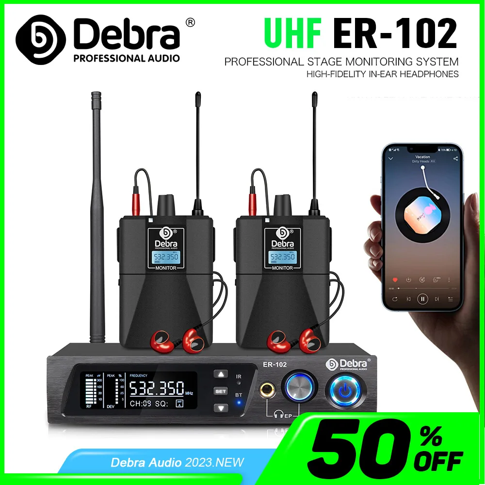 Debra ER102 UHF in-ear monitor draadloos systeem met meerdere professionele zenders voor kleine concerten en thuisbioscoop.