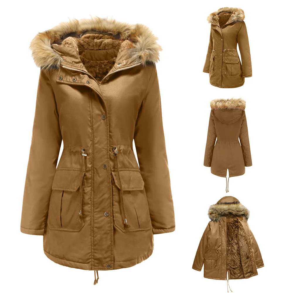 New cashmere cotton-padded jacket with hooded fashion fur collar winter warm coat large size women's cotton-padded jacket