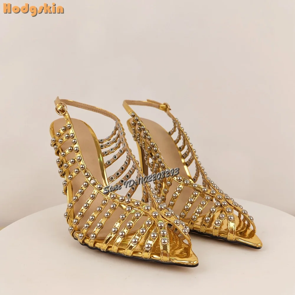 

Retro Gold Rivet Sandals Peep Toe Shallow Cross-tied Thin High Heels Fashion Buckle Strap Women's Roman Shoes Summer New 2025