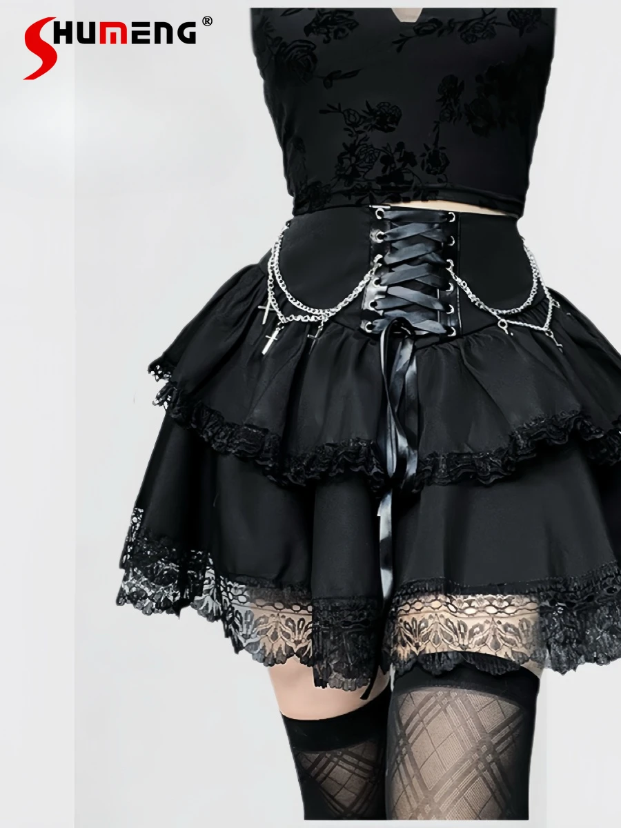 

Original Design Harajuku Gothic Black Mini Skirt Women's High Waist Slim Cross Chain Lace Edge Sexy Skirt Hot Girls Skirts