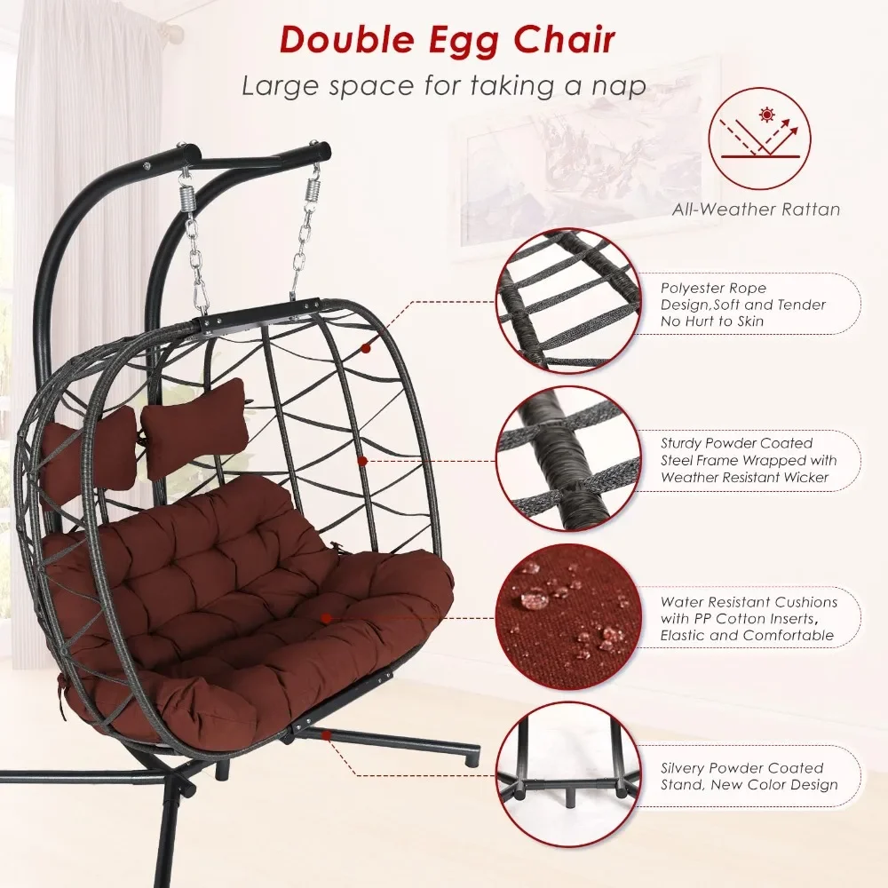 Double Egg Chair with Stand, 2 Person Patio Swing Chair, Large Outdoor Egg Chair with Cover