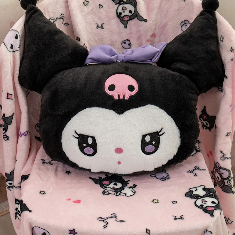 Comfortable Kuromi Cushion and Blanket Sofa Bed Nap Pillow Warm Flannel Blanket Sofa Bed Japanese Style Plushies Gifts Girl Kids