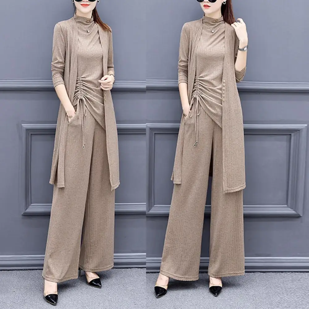 3Pcs/Set Casual Women Suit Solid Color Knit Side Bandage Tanks Top Pants Long Sleeve Cardigan Office Lady Suit Pant Sets