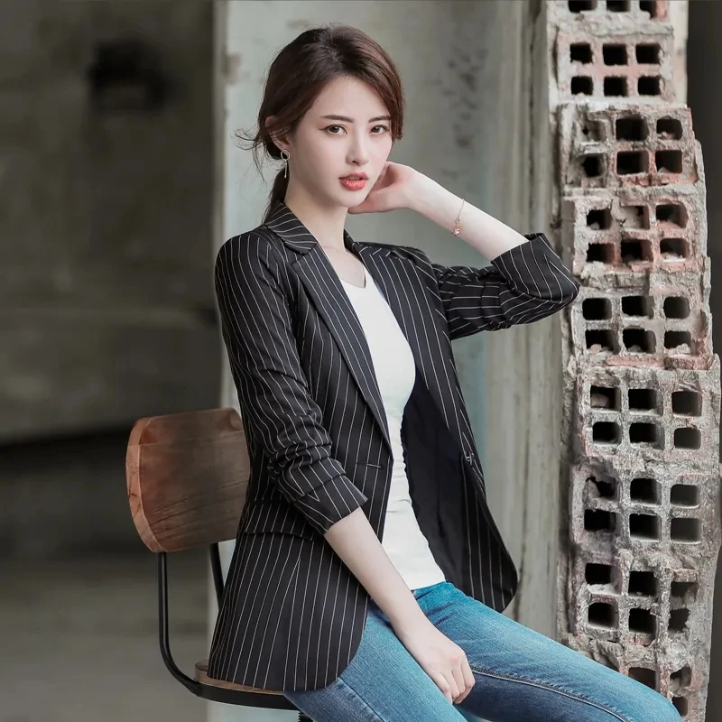 Black Stripe Women Blazer 2024 Formal Slim Blazers Lady Office Work Suit Pockets Jackets Coat Female Notched Blazer Jackets Femm