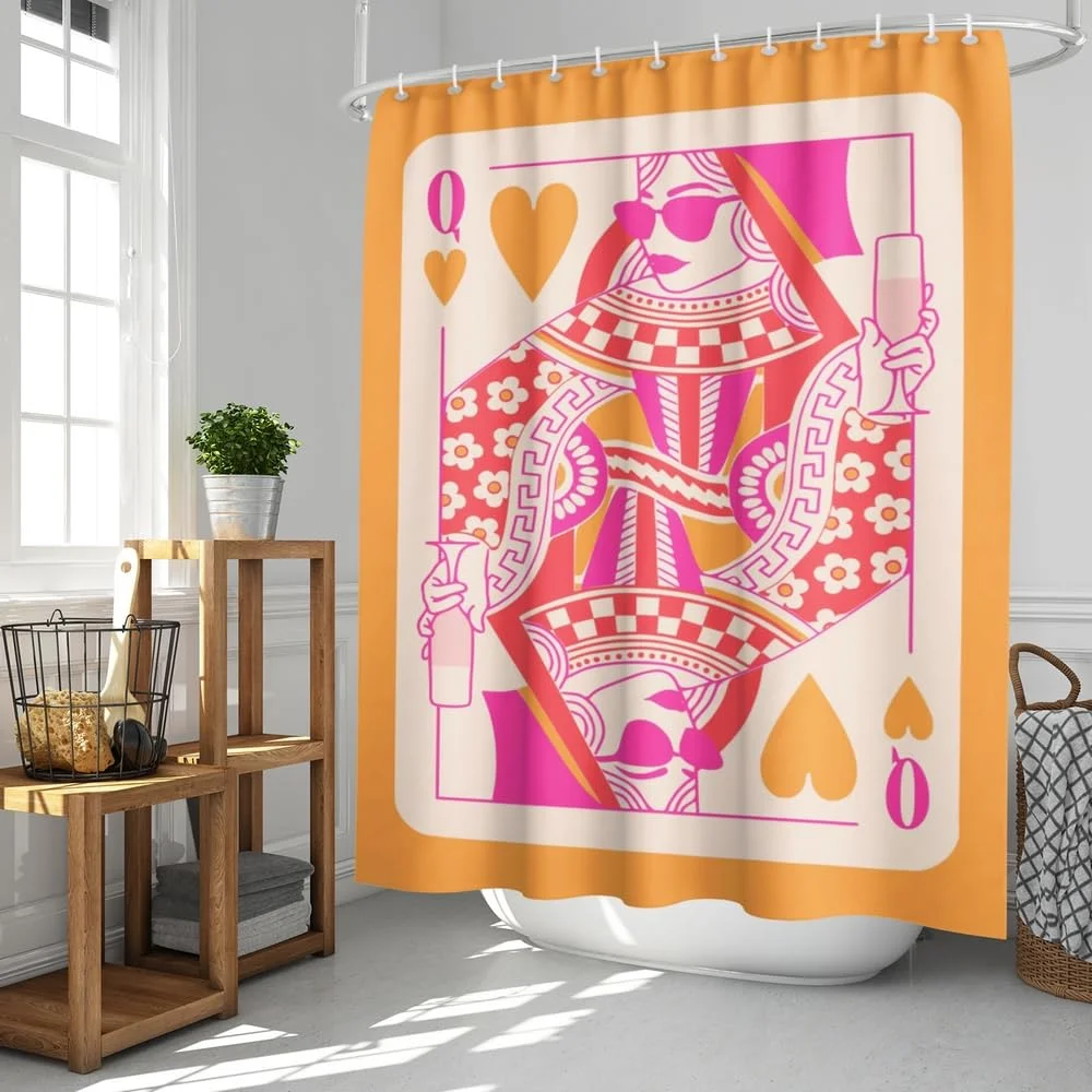 VIKAMA Queen of Hearts Playing Card Shower Curtain Retro Color Block Print Waterproof & Mildew-Proof Bathroom Partition Curtain