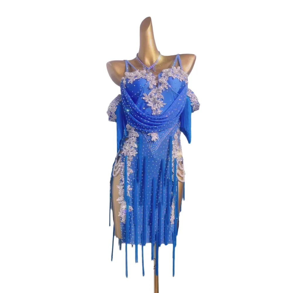 Latin Dance International Stage Women's High-end Custom Pearl Sling Blue Dress Samba Rhinestone Performance Costume Dress