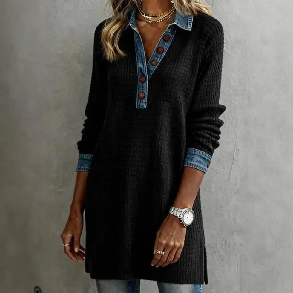 2025 outono nova estação independente botão para baixo denim retalhos longo gola sve dr cintura alta saia irregular casual sle