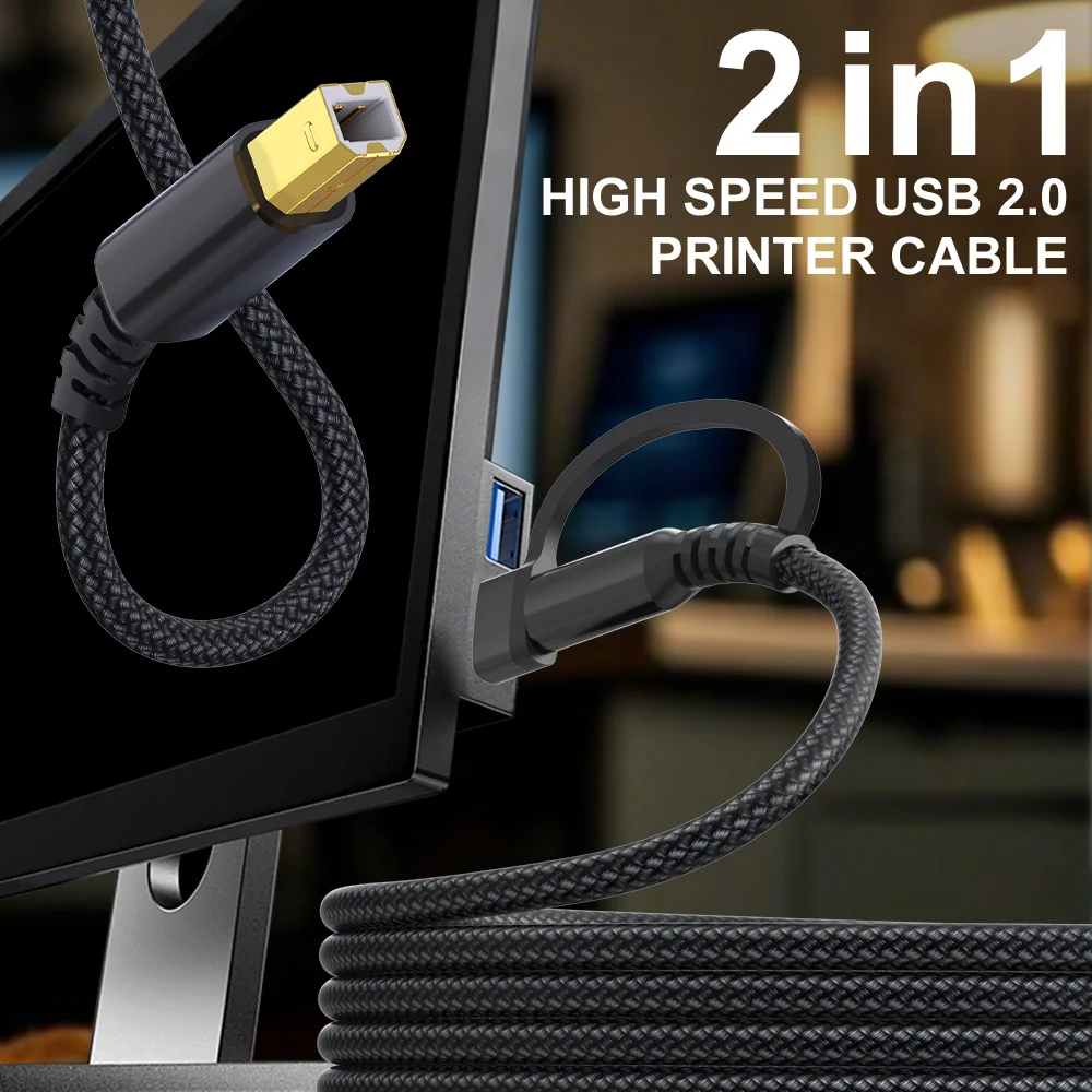 BCVS 2 in 1 USB B to USB A Type C Printer Cable 480Mbps USB 2.0 Printer Scanner Cord for MacBook Laptop HP Canon Epson Broth