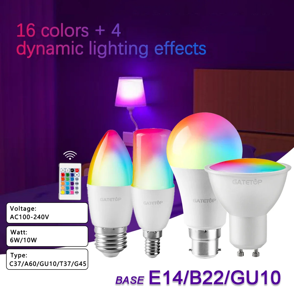 

Smart RGBW infrared Remote Control LED Bulb superbright GU10 A60 6W 10W color light dimming suitable for family holiday parties