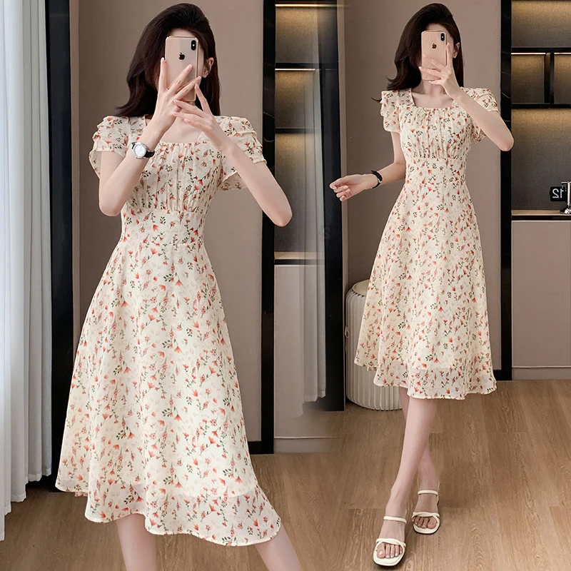 Ele Sweet Floral Print Chiffon Midi Dr Women's Summer Faion Gentle Sle A-Line Skirt ort Sve Square Collar Casual