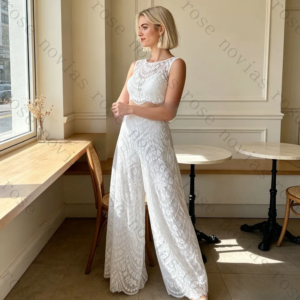 Customized Boho Lace Two Piece Wedding Dress Sleeveless Crop Top Wide Leg Pants Bridal Jumpsuit for Beach Garden Party Ceremony