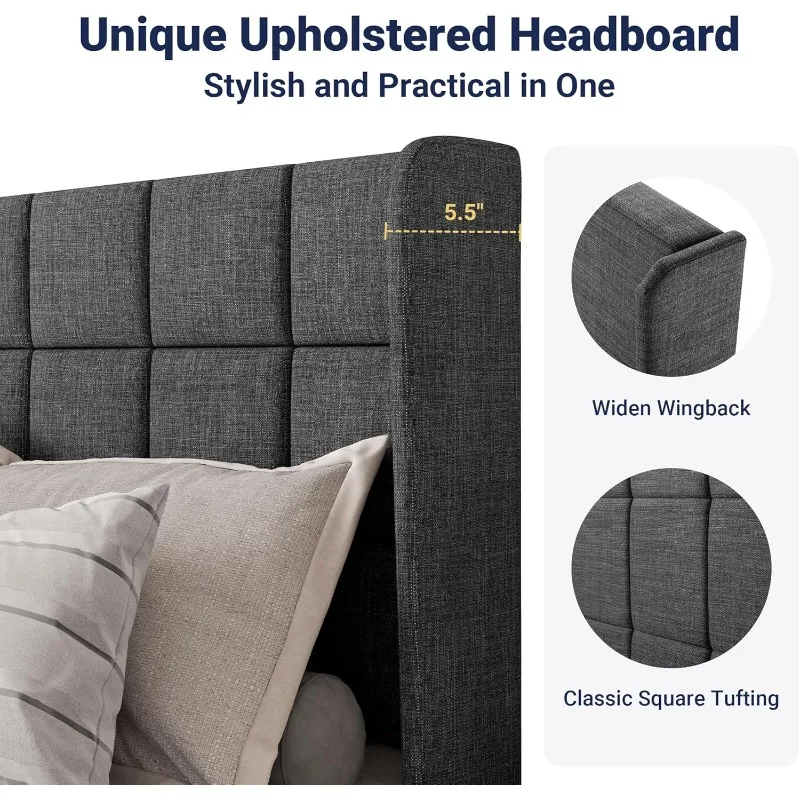 إطار سرير بمنصة بحجم كوين مع جناح خلفي، ولوح رأسي منجد مربع الشكل وشرائح خشبية، مرتبة Fou