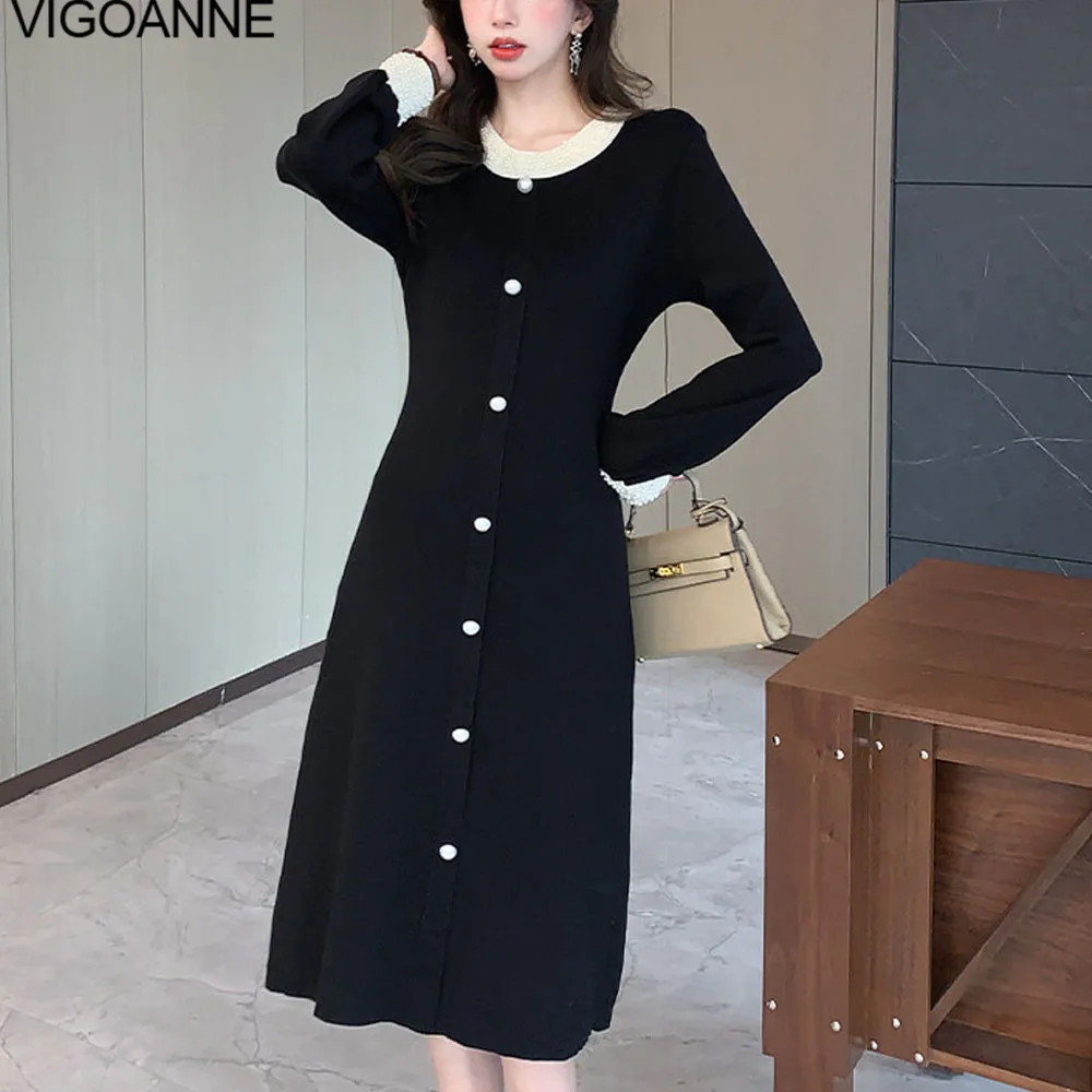 VigoAnne 2025 Female Spring Autumn Solid Knit Dress Woman Long Sleeve O Neck Knitted Dresses Lady Party Tight Long Sweater Dress