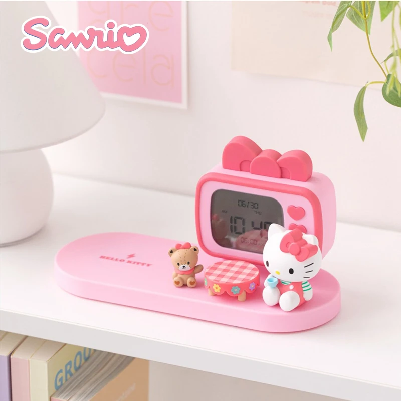 

Sanrio Hello Kitty Desktop Electronic Clock Alarm Clock Ornament Wireless Charger Cute Dolls Anime Toys for Children Gift