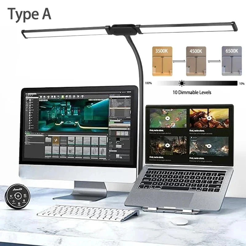 Double Head Table Lamp with Clip Stepless Dimmable Computer Lights Bar Monitor Lamps for Study Office Work Led Desk Lighting