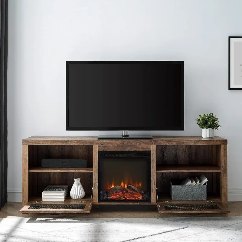 Walker Edison Calgary Industrial Farmhouse X-Drawer Metal Mesh and Wood Fireplace TV Stand for TVs up to 80 Inches, 70 Inch