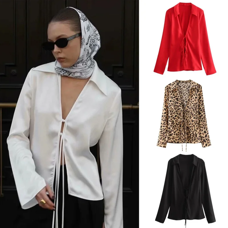 

Trade European and American Women's Fashion2025Summer new European and American style bow silk satin shirt