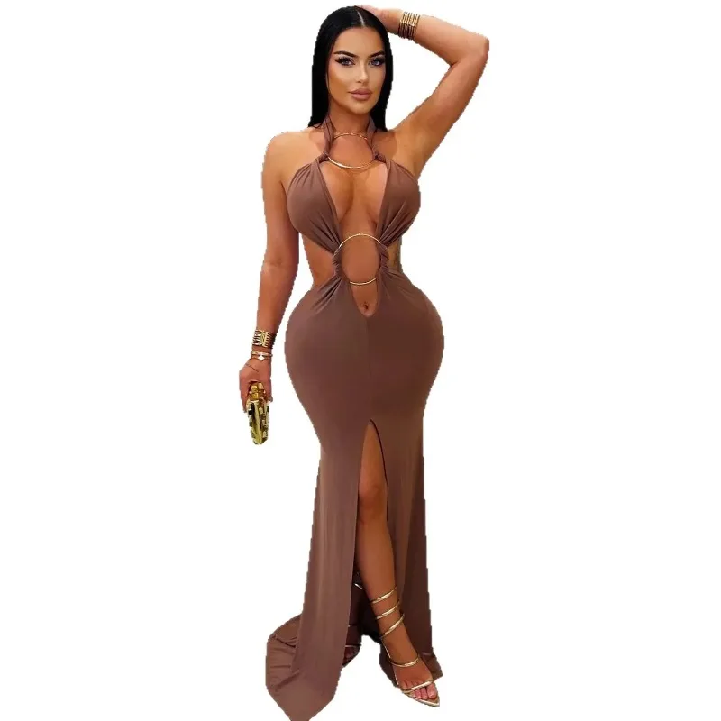 Women Halter V-neck Sleeveless Bodycon Long Maxi Dress Backless Streetwear Sexy Vestidos Party Evening Birthday Dresses