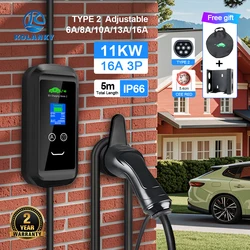 Kolanky 6/8/10/13/16A 3P 11KW Portable EV Charger Type 2 IEC-62169 Timer 1-15 Hour Charging Electric Vehicle Car Cable 5M