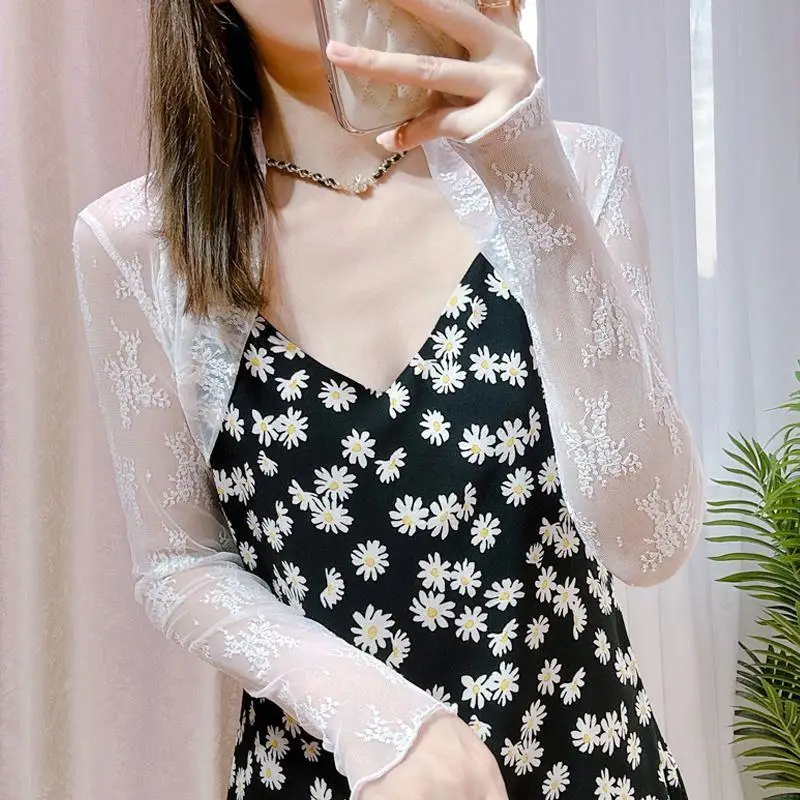 Sommer dünne lange Sve Spitze offene Strickjacke Me Cover up Sexy High-End-Bluse Damen Faion Commute Sle koreanische Version Sl...